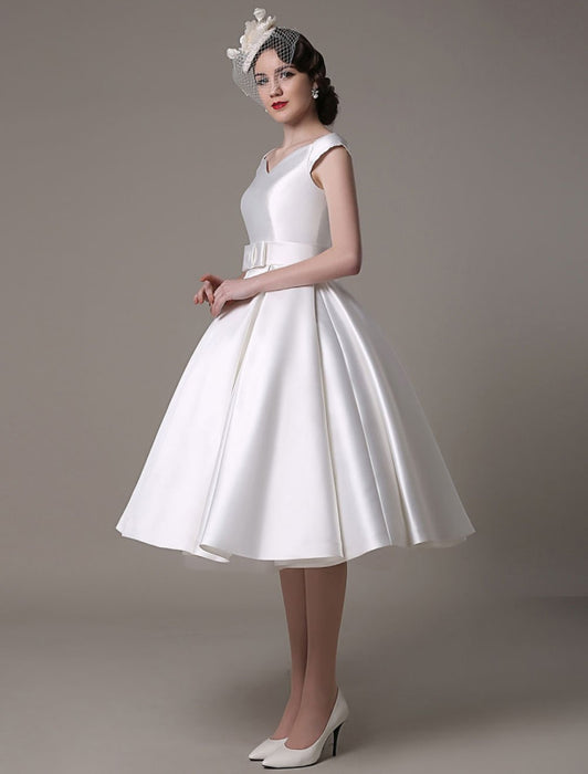 Ivory Wedding Dresses 2021 short satin  Knee Length bow Sash retro  bridal dress misshow