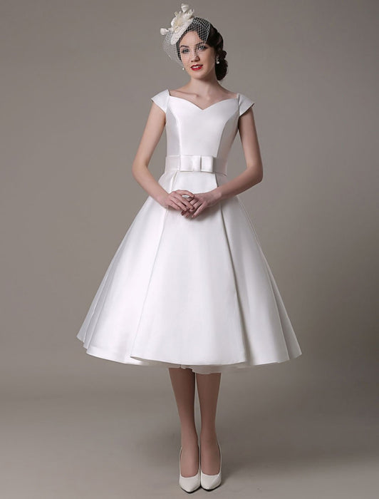 Ivory Wedding Dresses 2021 short satin  Knee Length bow Sash retro  bridal dress misshow