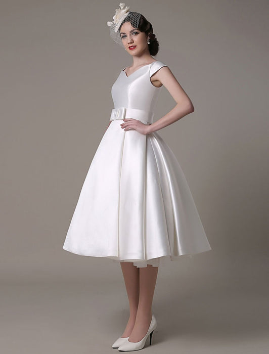 Ivory Wedding Dresses 2021 short satin  Knee Length bow Sash retro  bridal dress misshow