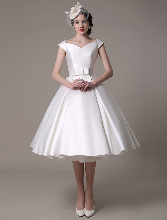 Ivory Wedding Dresses 2021 short satin  Knee Length bow Sash retro  bridal dress misshow