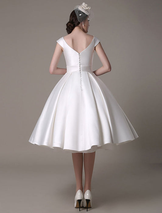 Ivory Wedding Dresses 2021 short satin  Knee Length bow Sash retro  bridal dress misshow