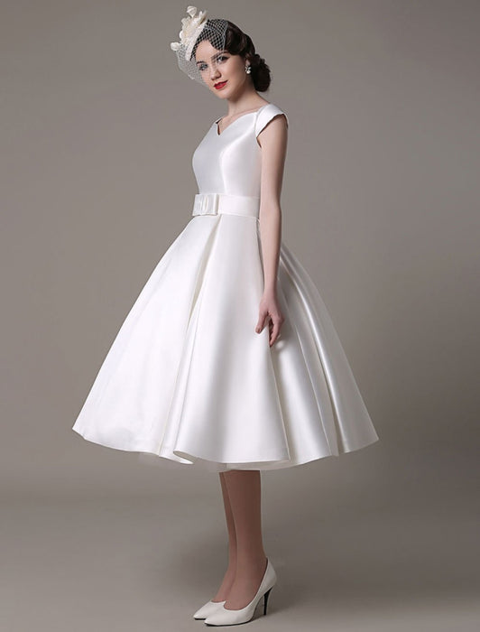 Ivory Wedding Dresses 2021 short satin  Knee Length bow Sash retro  bridal dress misshow