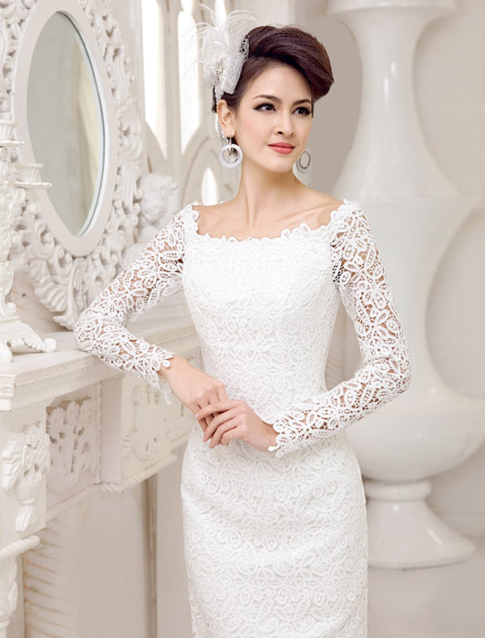 Short Simple Wedding dresses 2021 lace long sleeve slit Ivory Knee Length bridal reception dress misshow