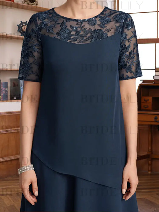 Short Sleeve Knee-Length A-Line Princess Jewel Neck Mother of the Bride & Groom Dress with Ruffles Lace Appliques and Sequins