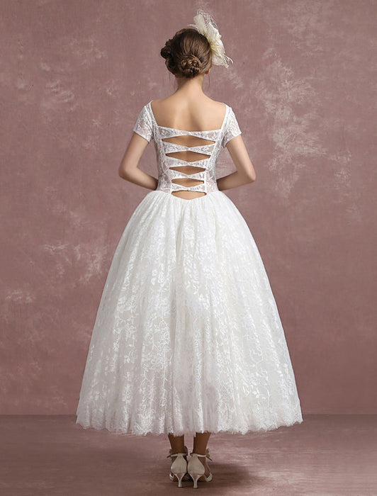 Princess Wedding Dress Lace Vintage Bridal Gown Sweetheart Illusion Short Sleeve Back Design Ball Gown Bridal Dress In Ankle Length misshow