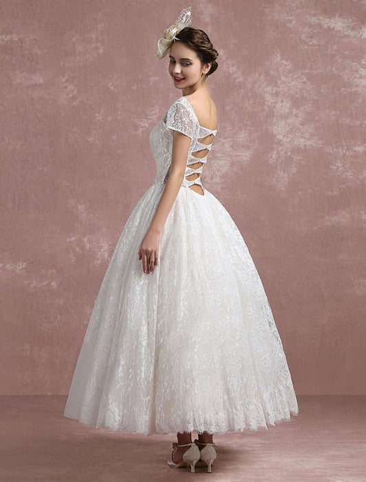 Princess Wedding Dress Lace Vintage Bridal Gown Sweetheart Illusion Short Sleeve Back Design Ball Gown Bridal Dress In Ankle Length misshow