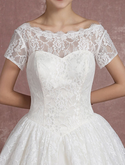 Princess Wedding Dress Lace Vintage Bridal Gown Sweetheart Illusion Short Sleeve Back Design Ball Gown Bridal Dress In Ankle Length misshow