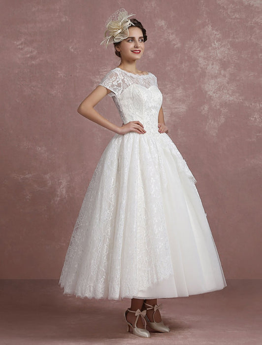 Princess Wedding Dress Lace Vintage Bridal Gown Sweetheart Illusion Short Sleeve Back Design Ball Gown Bridal Dress In Ankle Length misshow