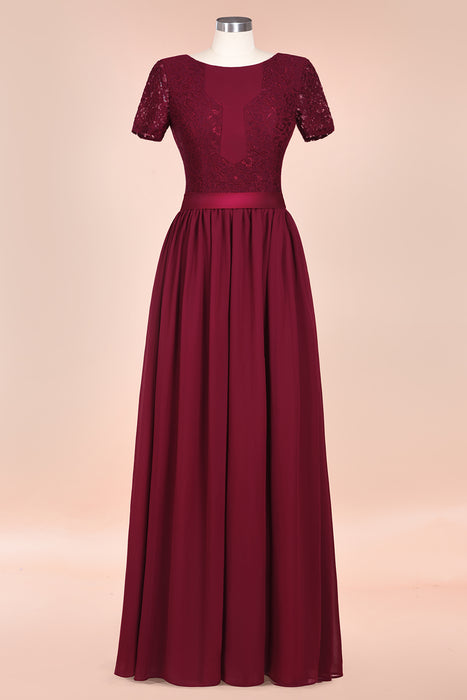 Modest Burgundy Chiffon Bridesmaid Dress Short Sleeves Lace Aline Evening Dress with Sash