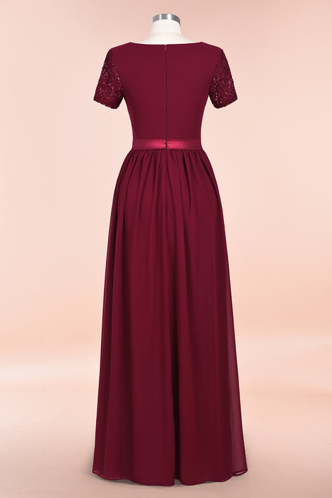 Modest Burgundy Chiffon Bridesmaid Dress Short Sleeves Lace Aline Evening Dress with Sash