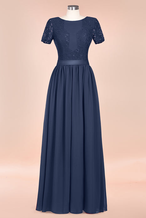 Modest Burgundy Chiffon Bridesmaid Dress Short Sleeves Lace Aline Evening Dress with Sash