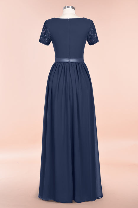 Modest Burgundy Chiffon Bridesmaid Dress Short Sleeves Lace Aline Evening Dress with Sash