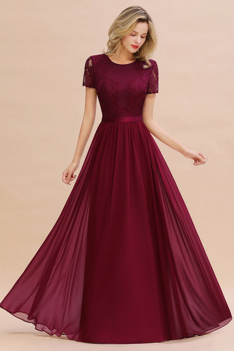 Modest Short Sleeve Burgundy Bridesmaid Dress with Lace-Bridelily Modest Short Sleeve Burgundy Bridesmaid Dress with Lace-Bridelily
