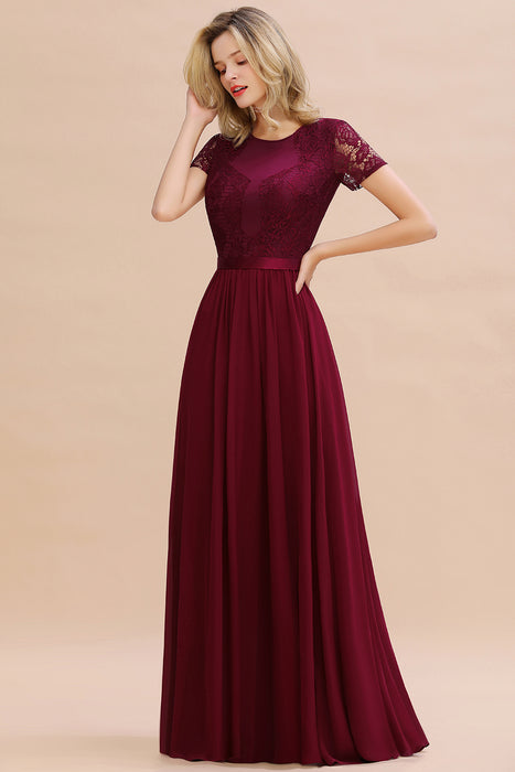 Modest Burgundy Chiffon Bridesmaid Dress Short Sleeves Lace Aline Evening Dress with Sash