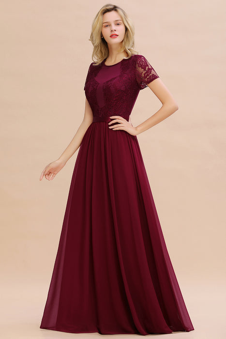 Modest Burgundy Chiffon Bridesmaid Dress Short Sleeves Lace Aline Evening Dress with Sash
