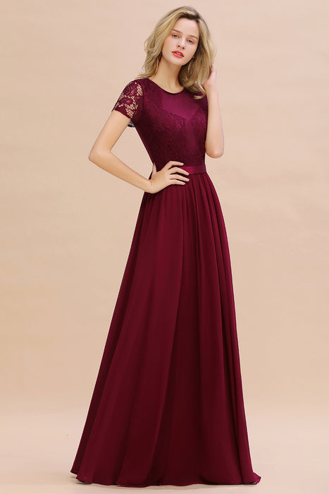 Modest Burgundy Chiffon Bridesmaid Dress Short Sleeves Lace Aline Evening Dress with Sash