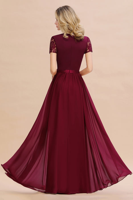 Modest Burgundy Chiffon Bridesmaid Dress Short Sleeves Lace Aline Evening Dress with Sash