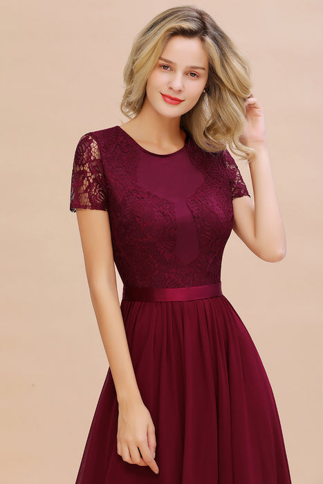 Modest Burgundy Chiffon Bridesmaid Dress Short Sleeves Lace Aline Evening Dress with Sash