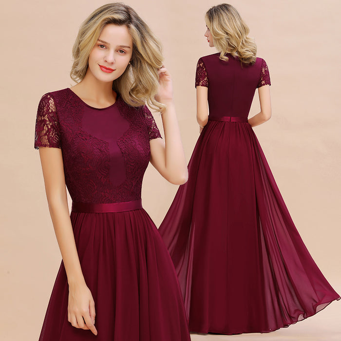 Modest Burgundy Chiffon Bridesmaid Dress Short Sleeves Lace Aline Evening Dress with Sash