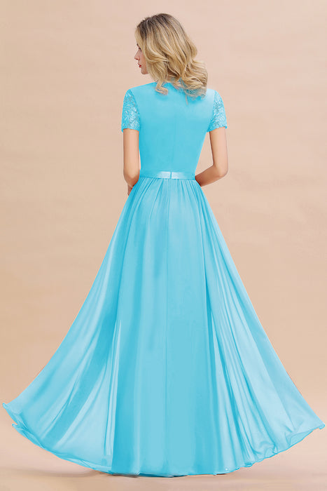 Modest Burgundy Chiffon Bridesmaid Dress Short Sleeves Lace Aline Evening Dress with Sash