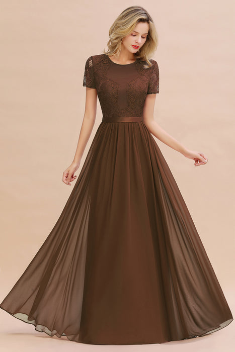 Modest Burgundy Chiffon Bridesmaid Dress Short Sleeves Lace Aline Evening Dress with Sash