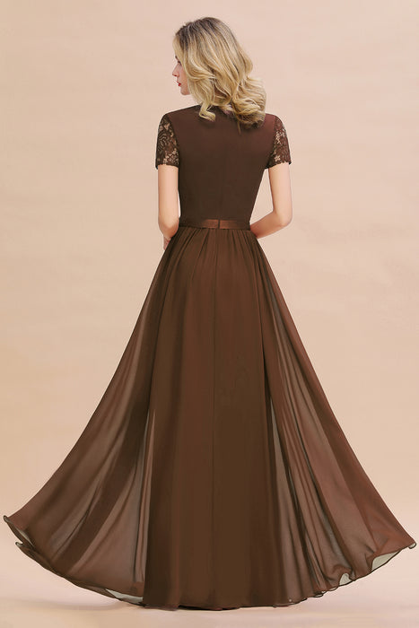 Modest Burgundy Chiffon Bridesmaid Dress Short Sleeves Lace Aline Evening Dress with Sash