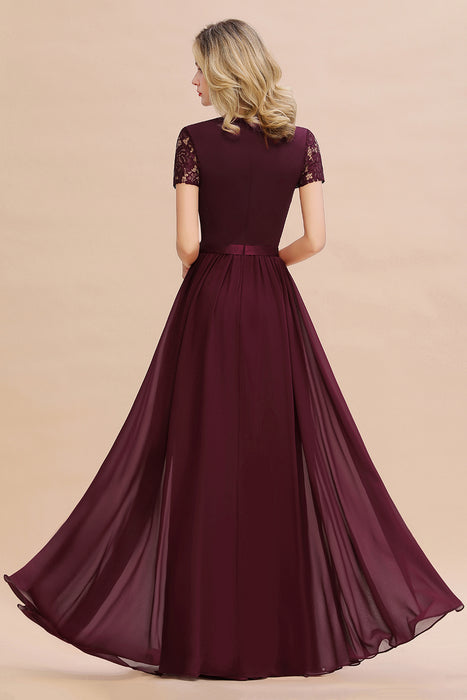 Modest Burgundy Chiffon Bridesmaid Dress Short Sleeves Lace Aline Evening Dress with Sash
