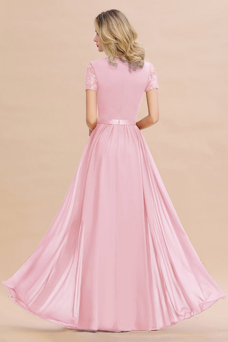 Modest Burgundy Chiffon Bridesmaid Dress Short Sleeves Lace Aline Evening Dress with Sash