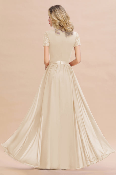 Modest Burgundy Chiffon Bridesmaid Dress Short Sleeves Lace Aline Evening Dress with Sash