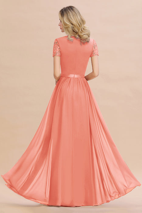 Modest Burgundy Chiffon Bridesmaid Dress Short Sleeves Lace Aline Evening Dress with Sash