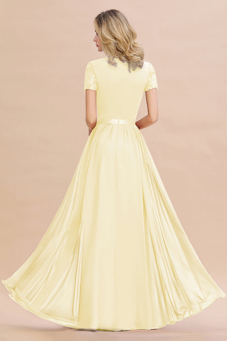 Modest Burgundy Chiffon Bridesmaid Dress Short Sleeves Lace Aline Evening Dress with Sash