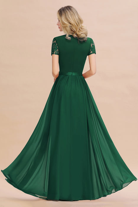 Modest Burgundy Chiffon Bridesmaid Dress Short Sleeves Lace Aline Evening Dress with Sash