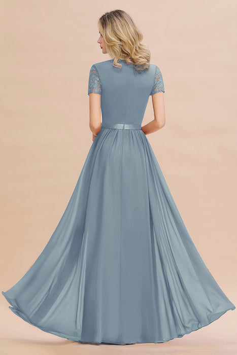 Modest Burgundy Chiffon Bridesmaid Dress Short Sleeves Lace Aline Evening Dress with Sash