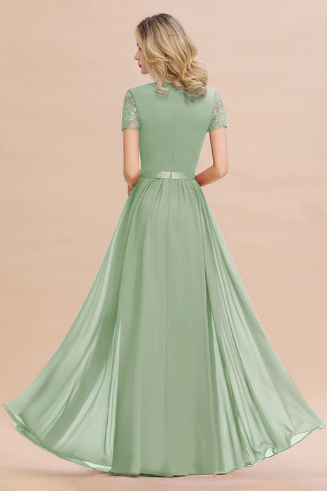 Modest Burgundy Chiffon Bridesmaid Dress Short Sleeves Lace Aline Evening Dress with Sash