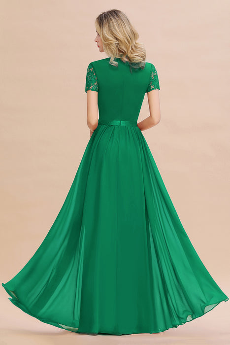 Modest Burgundy Chiffon Bridesmaid Dress Short Sleeves Lace Aline Evening Dress with Sash