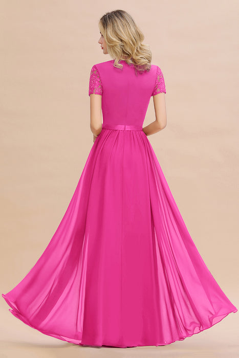 Modest Burgundy Chiffon Bridesmaid Dress Short Sleeves Lace Aline Evening Dress with Sash