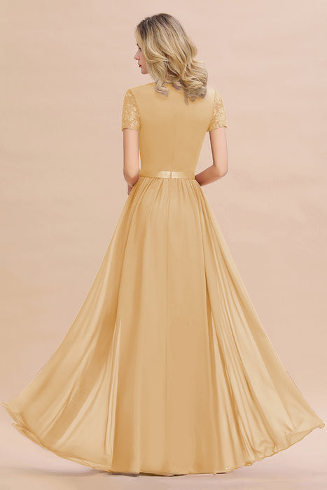 Modest Burgundy Chiffon Bridesmaid Dress Short Sleeves Lace Aline Evening Dress with Sash