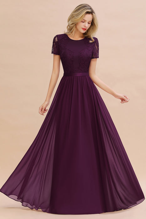 Modest Burgundy Chiffon Bridesmaid Dress Short Sleeves Lace Aline Evening Dress with Sash