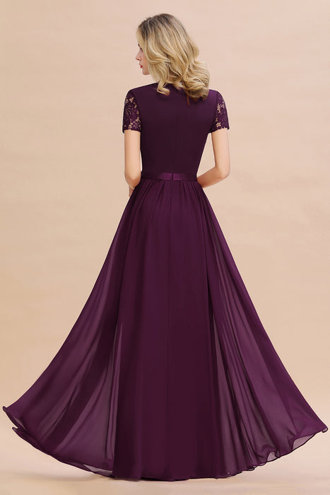 Modest Burgundy Chiffon Bridesmaid Dress Short Sleeves Lace Aline Evening Dress with Sash
