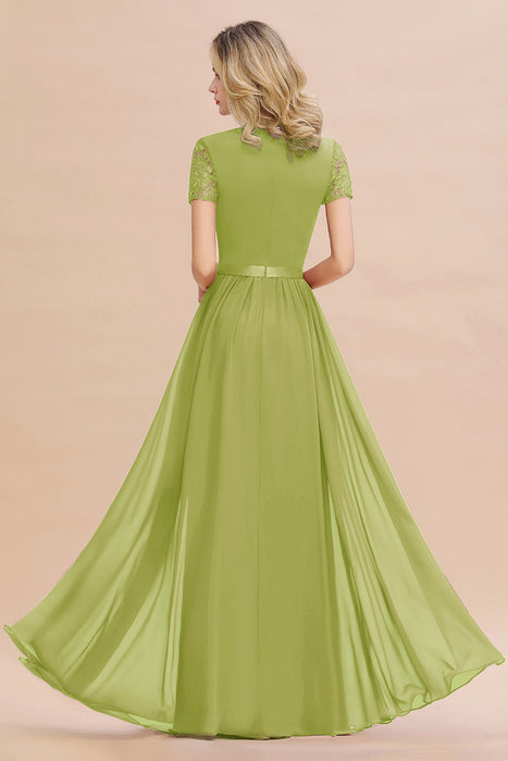 Modest Burgundy Chiffon Bridesmaid Dress Short Sleeves Lace Aline Evening Dress with Sash