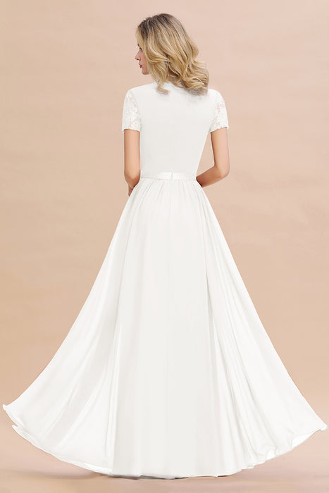 Modest Burgundy Chiffon Bridesmaid Dress Short Sleeves Lace Aline Evening Dress with Sash