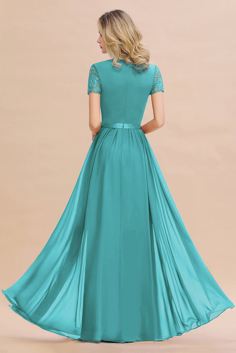 Modest Burgundy Chiffon Bridesmaid Dress Short Sleeves Lace Aline Evening Dress with Sash