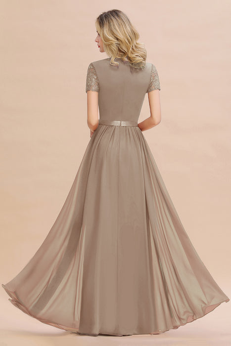 Modest Burgundy Chiffon Bridesmaid Dress Short Sleeves Lace Aline Evening Dress with Sash