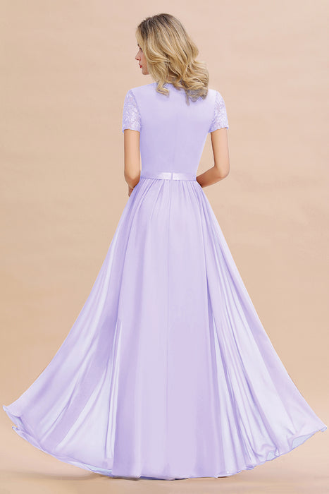 Modest Burgundy Chiffon Bridesmaid Dress Short Sleeves Lace Aline Evening Dress with Sash