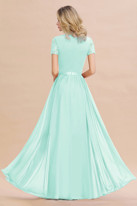 Modest Burgundy Chiffon Bridesmaid Dress Short Sleeves Lace Aline Evening Dress with Sash