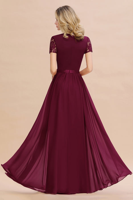 Modest Burgundy Chiffon Bridesmaid Dress Short Sleeves Lace Aline Evening Dress with Sash
