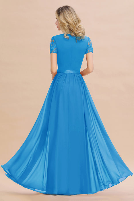 Modest Burgundy Chiffon Bridesmaid Dress Short Sleeves Lace Aline Evening Dress with Sash