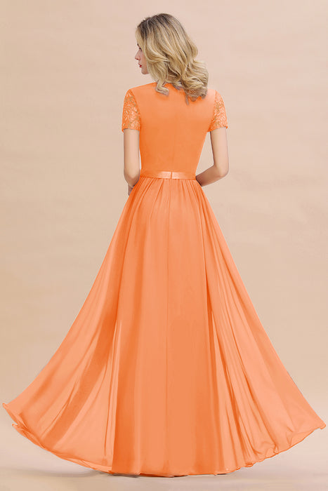 Modest Burgundy Chiffon Bridesmaid Dress Short Sleeves Lace Aline Evening Dress with Sash