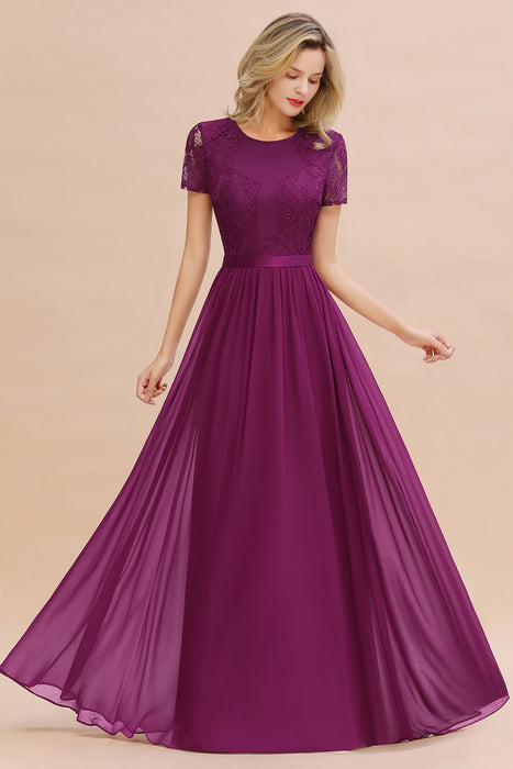 Modest Burgundy Chiffon Bridesmaid Dress Short Sleeves Lace Aline Evening Dress with Sash