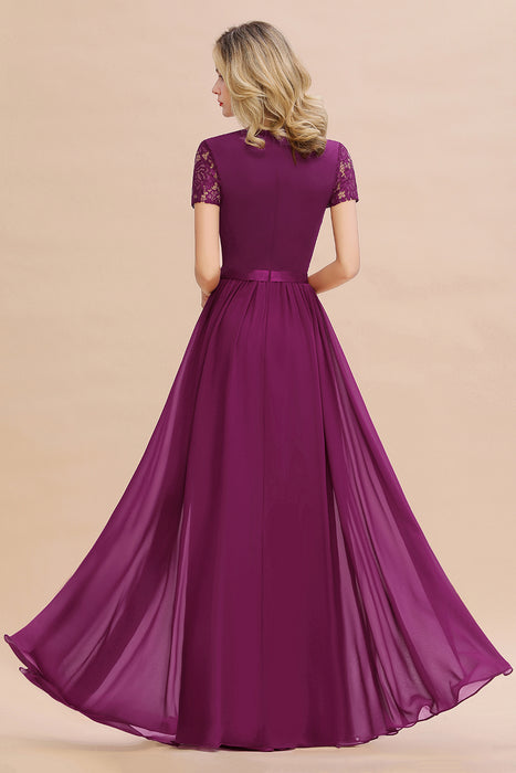 Modest Burgundy Chiffon Bridesmaid Dress Short Sleeves Lace Aline Evening Dress with Sash